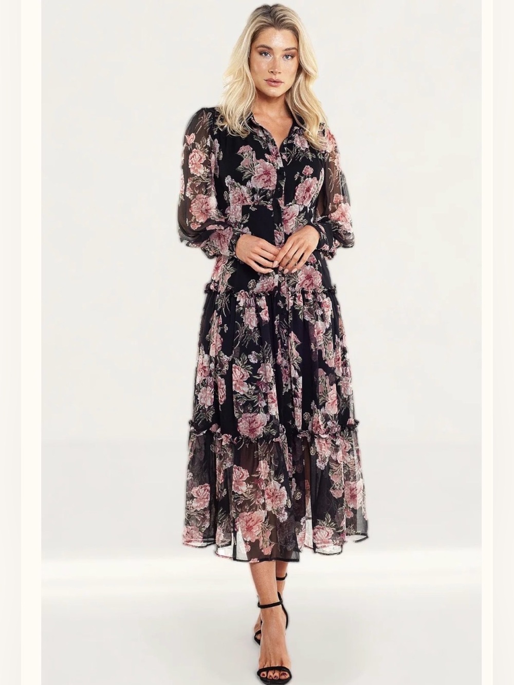 Bardot Floral Maxi Dress Black Pink Long Sleeve Tiered Romantic Size 8 NWT